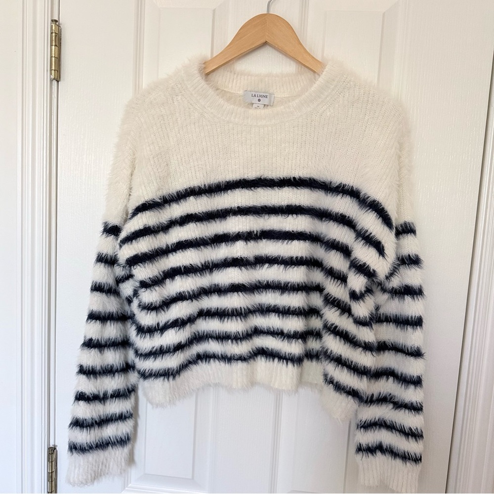 La Ligne Fuzzy Striped Sweater - Cream and Dark Blue